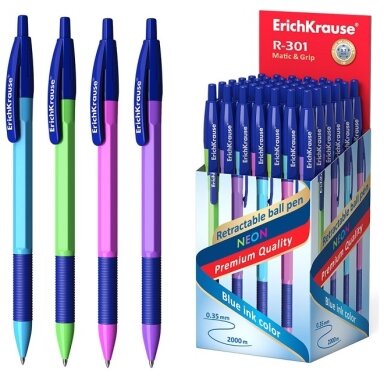 Automatinis tušinukas R-301 NEON MATIC&GRIP, ErichKrause, 0.7mm, mėlynos sp. Automatinis tušinukas R-301 NEON MATIC&GRIP, ErichKrause, 0.7mm, mėlynos sp.