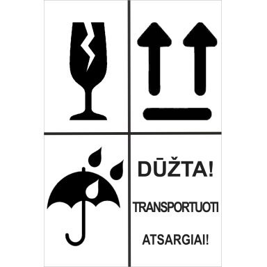 Informacinis lipdukas siunčiamų prekių pakuotės ženklinimui DŪŽTA, SAUGOTI NUO DRĖGMĖS, NEVARTYTI, 100x150mm, 50 vnt. Informacinis lipdukas siunčiamų prekių pakuotės ženklinimui DŪŽTA, SAUGOTI NUO DRĖGMĖS, NEVARTYTI, 100x150mm, 50 vnt.