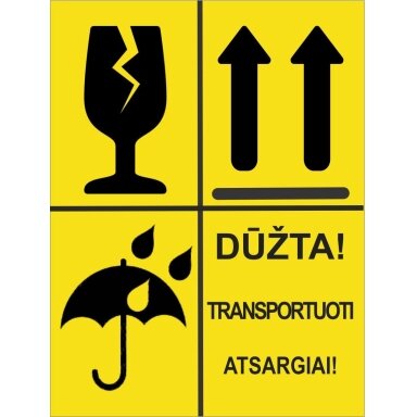 Informacinis lipdukas siunčiamų prekių pakuotės ženklinimui DŪŽTA, SAUGOTI NUO DRĖGMĖS, NEVARTYTI, 75x100mm, 50 vnt., geltonos sp. Informacinis lipdukas siunčiamų prekių pakuotės ženklinimui DŪŽTA, SAUGOTI NUO DRĖGMĖS, NEVARTYTI, 75x100mm, 50 vnt., geltonos sp.