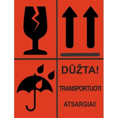 Informacinis lipdukas siunčiamų prekių pakuotės ženklinimui DŪŽTA, SAUGOTI NUO DRĖGMĖS, NEVARTYTI, 75x100mm, 50 vnt., raudonos sp. Informacinis lipdukas siunčiamų prekių pakuotės ženklinimui DŪŽTA, SAUGOTI NUO DRĖGMĖS, NEVARTYTI, 75x100mm, 50 vnt., raudonos sp.