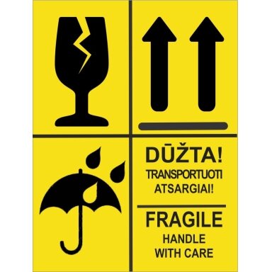 Informacinis lipdukas siunčiamų prekių pakuotės ženklinimui DŪŽTA/FRAGILE, SAUGOTI NUO DRĖGMĖS, NEVARTYTI, 75x100mm, 50 vnt., geltonos sp. Informacinis lipdukas siunčiamų prekių pakuotės ženklinimui DŪŽTA/FRAGILE, SAUGOTI NUO DRĖGMĖS, NEVARTYTI, 75x100mm, 50 vnt., geltonos sp.