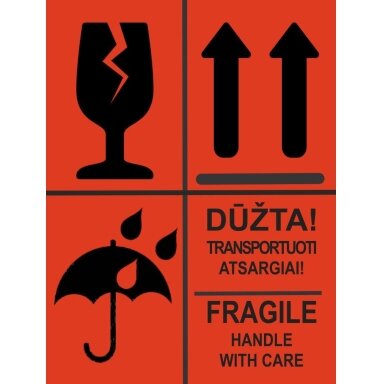 Informacinis lipdukas siunčiamų prekių pakuotės ženklinimui DŪŽTA/FRAGILE, SAUGOTI NUO DRĖGMĖS, NEVARTYTI, 75x100mm, 50 vnt., raudonos sp. Informacinis lipdukas siunčiamų prekių pakuotės ženklinimui DŪŽTA/FRAGILE, SAUGOTI NUO DRĖGMĖS, NEVARTYTI, 75x100mm, 50 vnt., raudonos sp.