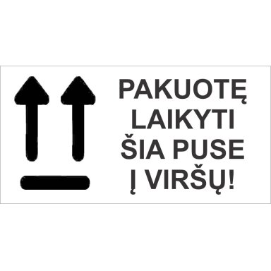 Informacinis lipdukas siunčiamų prekių pakuotės ženklinimui PAKUOTĘ LAIKYTI ŠIA PUSE Į VIRŠŲ!, 100x51mm, 100 vnt. Informacinis lipdukas siunčiamų prekių pakuotės ženklinimui PAKUOTĘ LAIKYTI ŠIA PUSE Į VIRŠŲ!, 100x51mm, 100 vnt.
