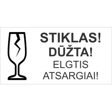Informacinis lipdukas siunčiamų prekių pakuotės ženklinimui STIKLAS! DŪŽTA!, 100x51mm, 100 vnt. Informacinis lipdukas siunčiamų prekių pakuotės ženklinimui STIKLAS! DŪŽTA!, 100x51mm, 100 vnt.