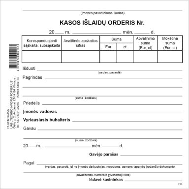 Kasos išlaidų orderiai, A6x100, be Nr. Kasos išlaidų orderiai, A6x100, be Nr.