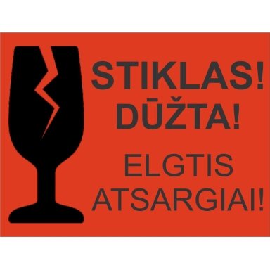 Lipdukas ant siunčiamų prekių pakuotės STIKLAS, DŪŽTA, 75x100mm, 50 vnt., raudonos sp. Lipdukas ant siunčiamų prekių pakuotės STIKLAS, DŪŽTA, 75x100mm, 50 vnt., raudonos sp.