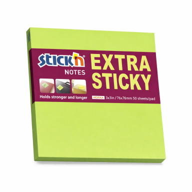 Lipnūs lapeliai Stick'N Extra Sticky 76x76 mm, neoninės žalios spalvos, 90 lapelių Lipnūs lapeliai Stick'N Extra Sticky 76x76 mm, neoninės žalios spalvos, 90 lapelių