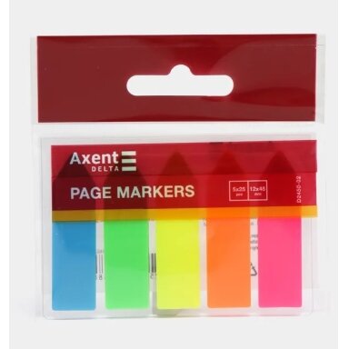 Plastikiniai indeksai-žymekliai AXENT Delta,12x45mm, 125 lapeliai, rodyklės formos, 5 neoninės sp.