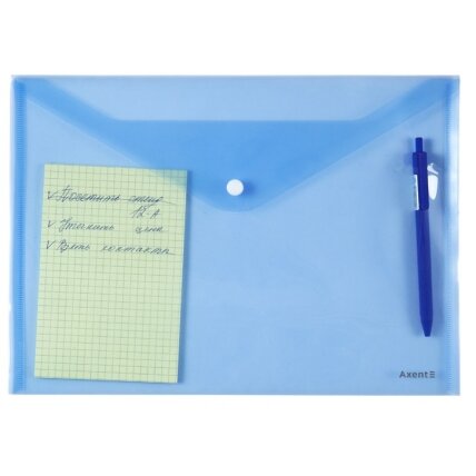 Plastikinis vokas su spaustuku AXENT, A4, 180mkr, permatomas, mėlynos sp. 2
