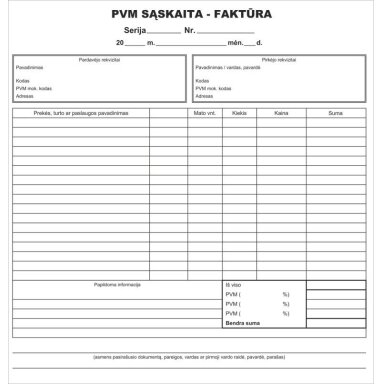 PVM sąskaita-faktūra, 8col.x2x50 (200x210 mm), be Nr. PVM sąskaita-faktūra, 8col.x2x50 (200x210 mm), be Nr.