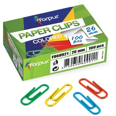 Sąvaržėlės FORPUS, ilgis 26mm, 100vnt., dengtos plastiku, įvairių sp. Sąvaržėlės FORPUS, ilgis 26mm, 100vnt., dengtos plastiku, įvairių sp.