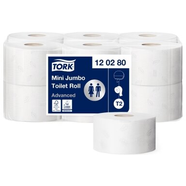 Tualetinis popierius TORK Advanced Mini Jumbo T2, rulone, 170m, 2 sl., perdirbtas pluoštas
