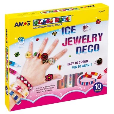 Vitražinių dažų rinkinys ICE JEWELERY, Amos, 10 spalvų po 10,5ml + 3 apyrankės + 5 žiedai Vitražinių dažų rinkinys ICE JEWELERY, Amos, 10 spalvų po 10,5ml + 3 apyrankės + 5 žiedai